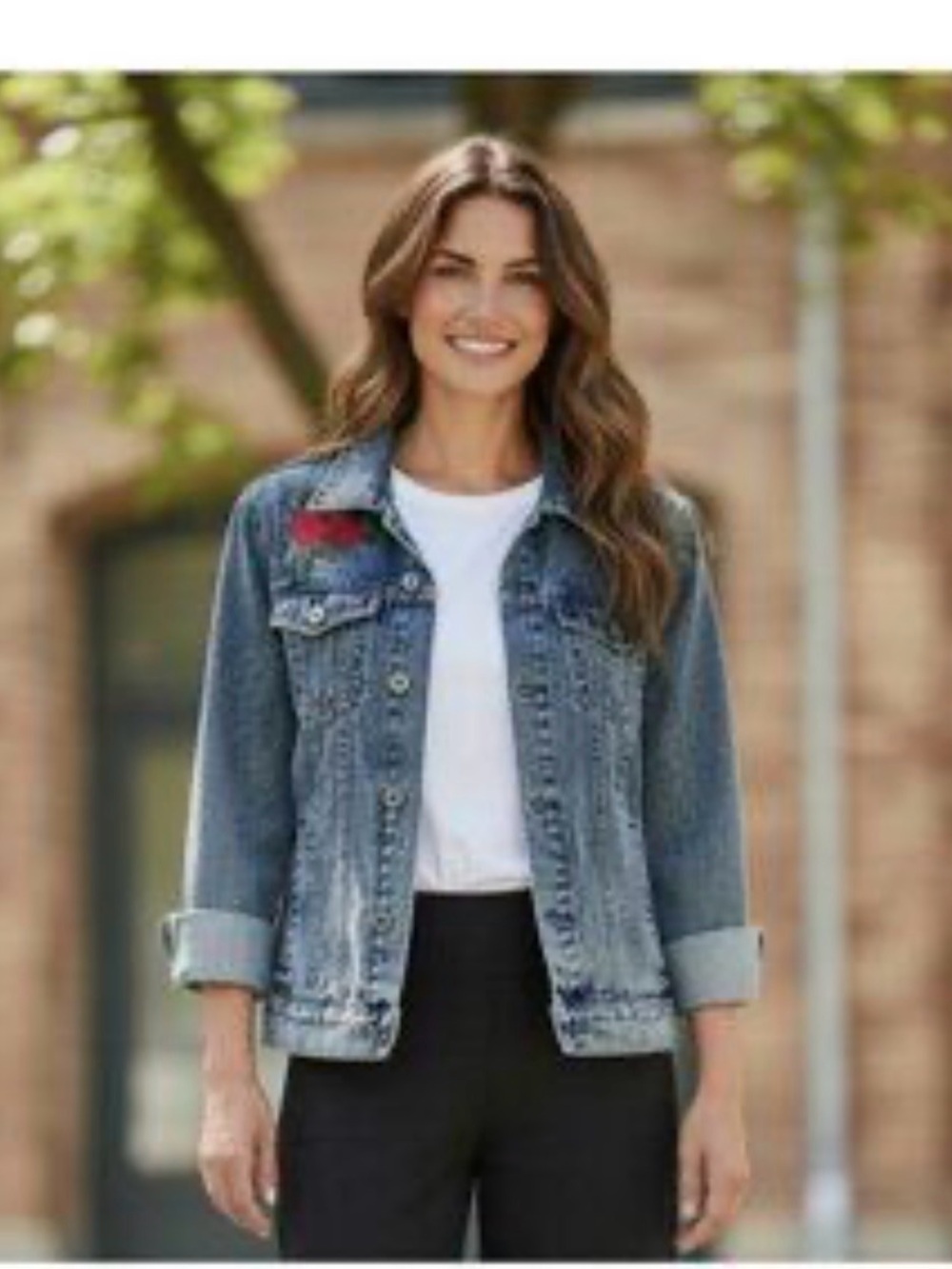 Women's Blue Denim Jacket with Red Rose Patch
